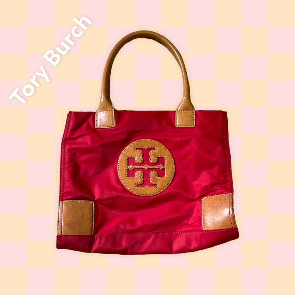 Tory Burch foldable red nylon tote with tan leather trim/handles